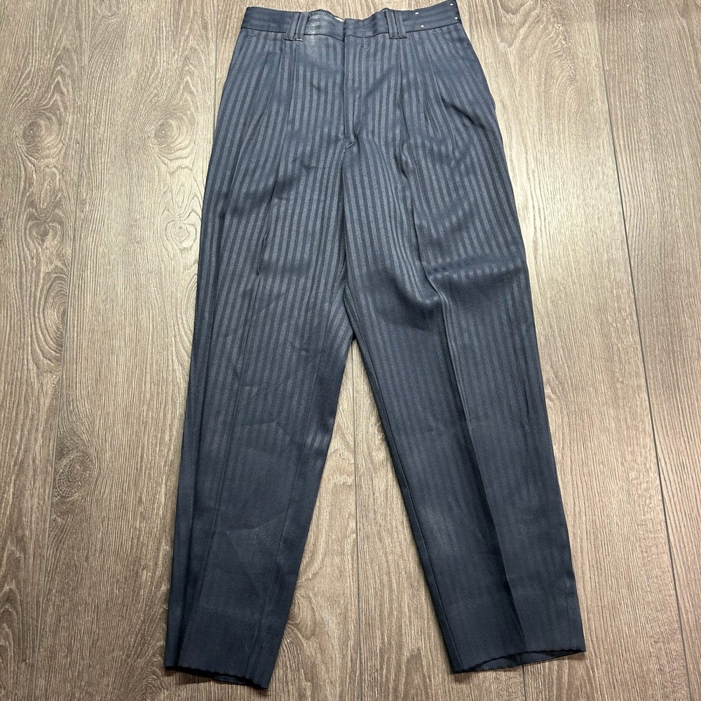 Vintage 1970s Mens Navy Blue Striped Herringbone Pleated Trousers 29x26